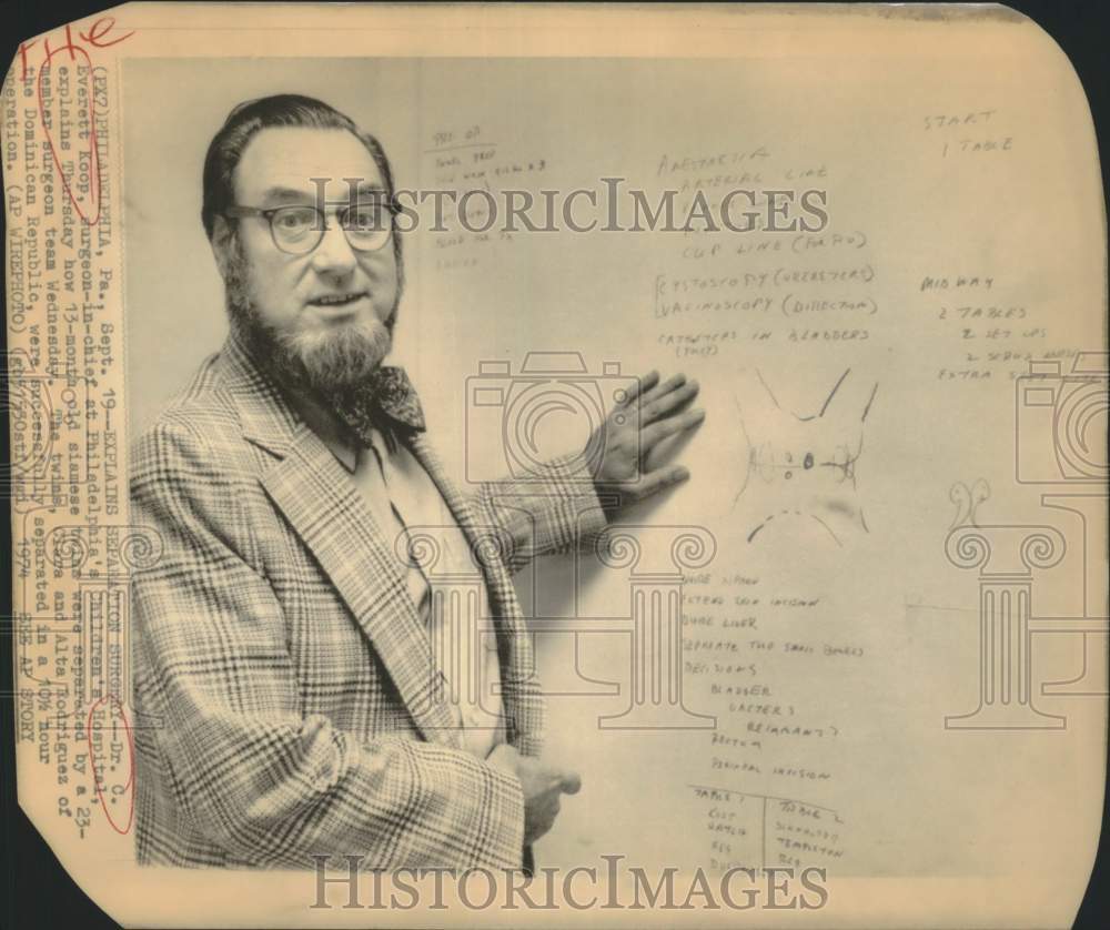 1974 Dr. C. Everett Koop explains siamese twin separation operation-Historic Images