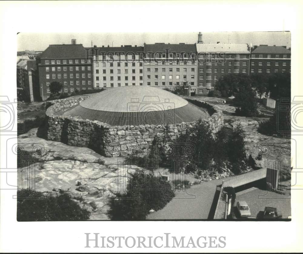 1981 Aerial view of rock church on Temppeliaukio Square, Helsinki-Historic Images