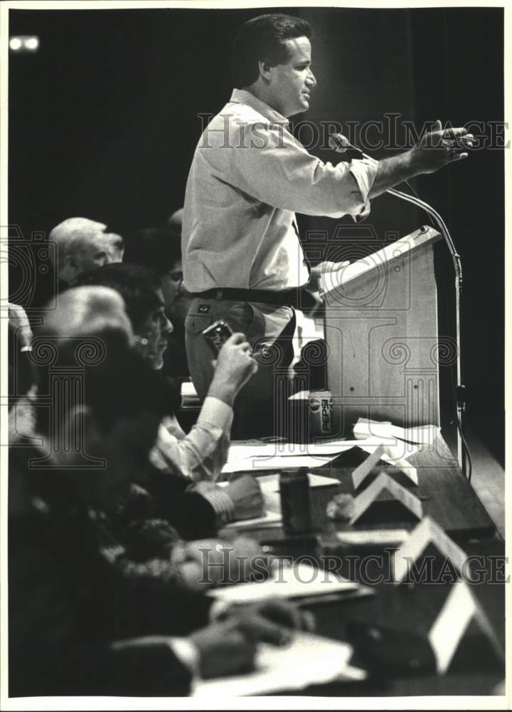 1994 City Councilman Lyle Larson addresses crime prevention group-Historic Images