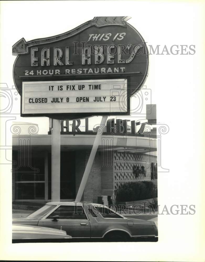 1992 Marque at Earl Abel&#39;s tells of closing for repairs, Texas-Historic Images