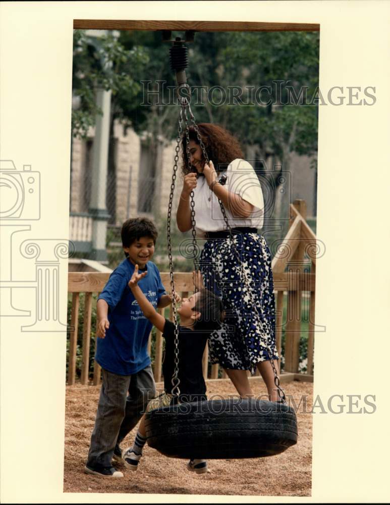 1990 Burnet Elementary School students on playground, Texas-Historic Images