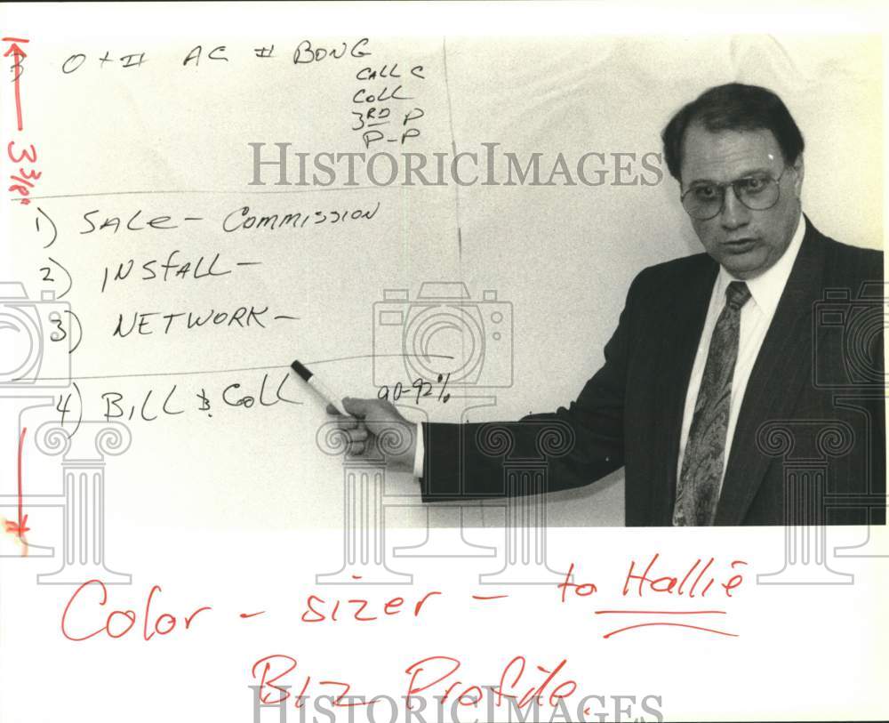 1989 U.S. Long Distance CEO Butch Holmes points to chart-Historic Images
