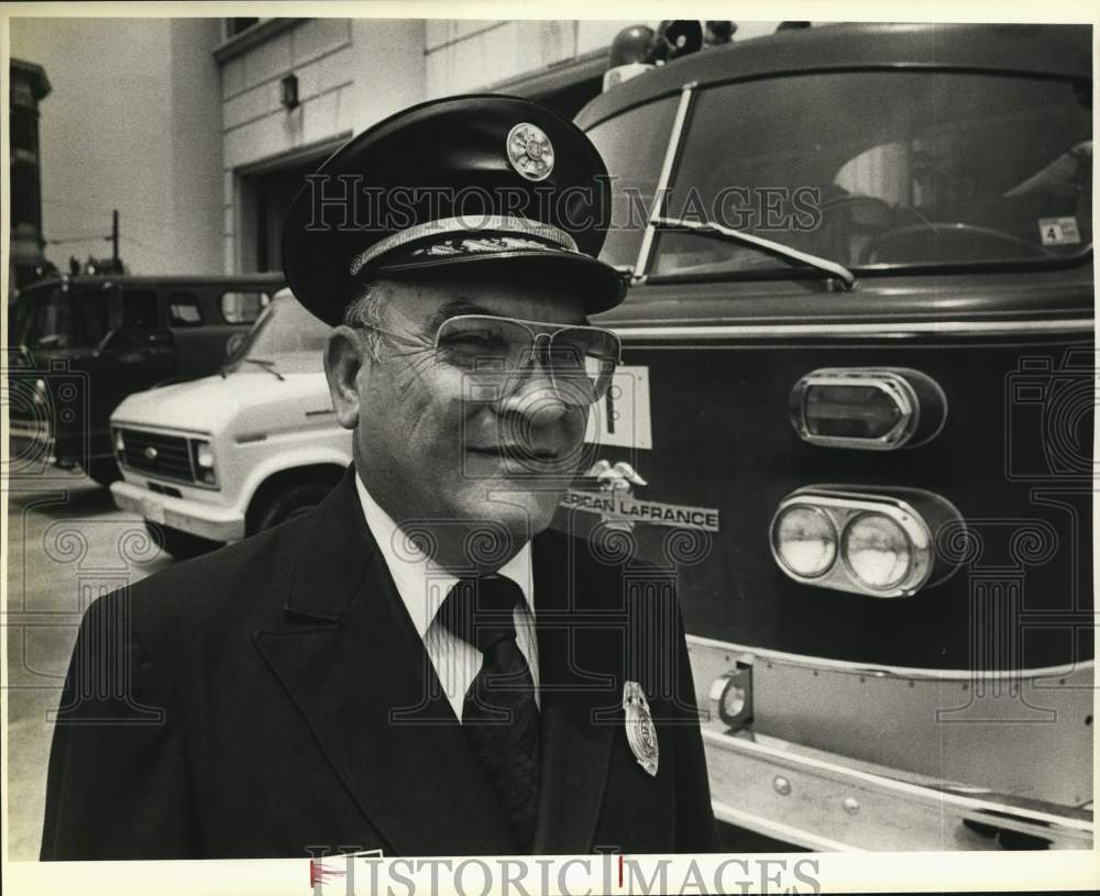 1985 Fire Station #1 Fire Chief I.O. Martinez stands at fire engine.-Historic Images