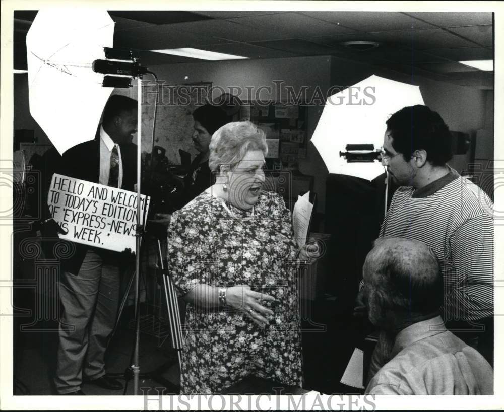 1993 Mary Jo Mussava greets guests in Express News newsroom-Historic Images