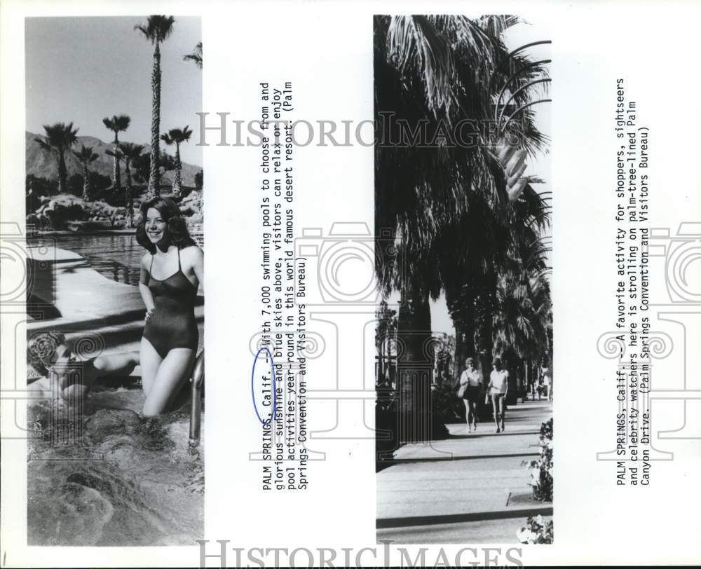  Tourists enjoying swimming pool and Palm Canyon Drive, Palm Springs-Historic Images