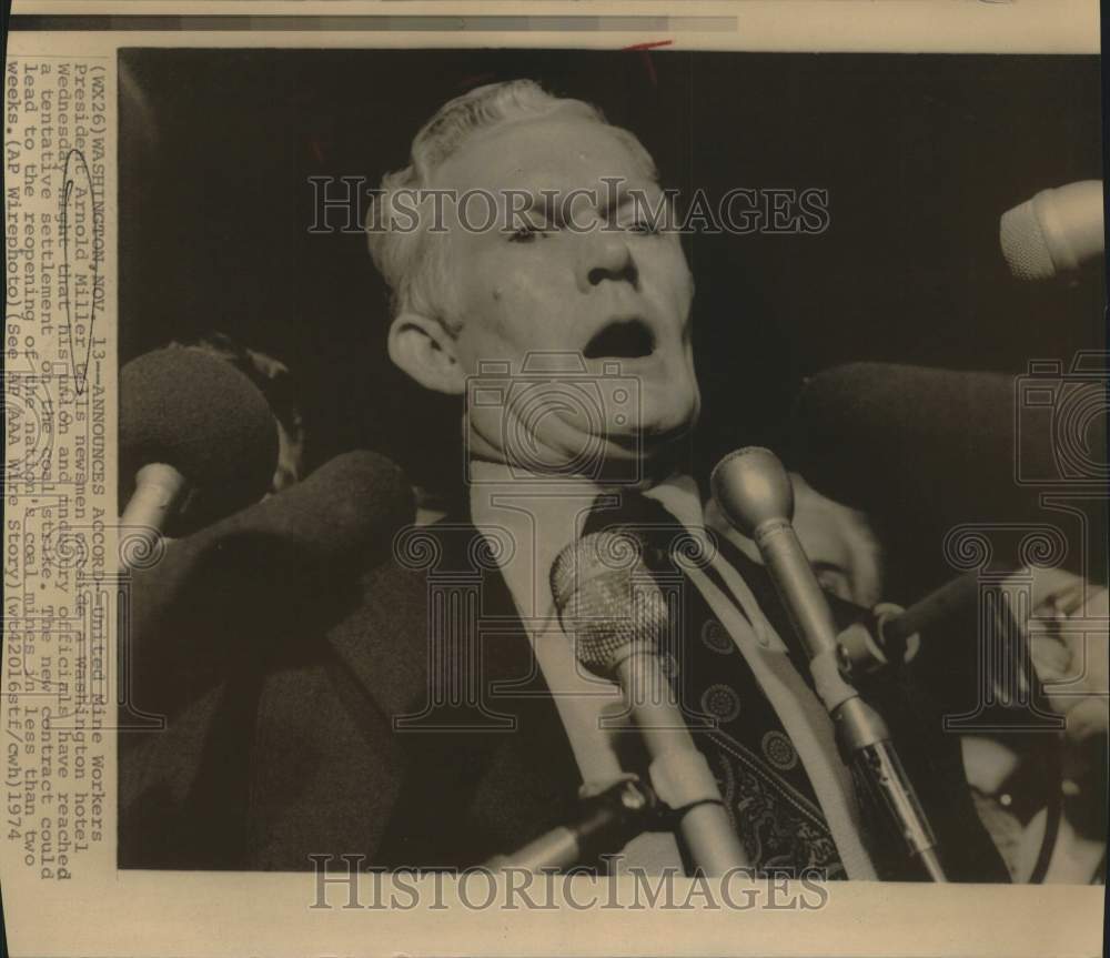 1974 United Mine Workers' Arnold Miller with newsmen in Washington-Historic Images