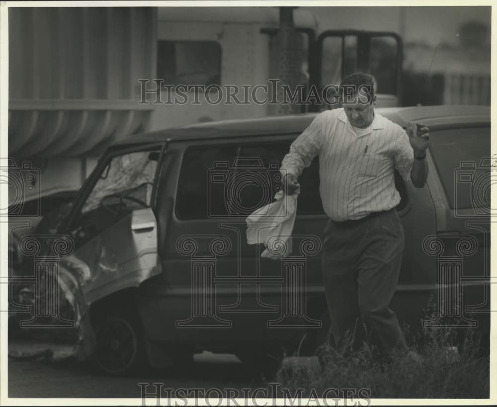 1994 Don Mach &amp; his car that was hit by truck in San Antonio-Historic Images