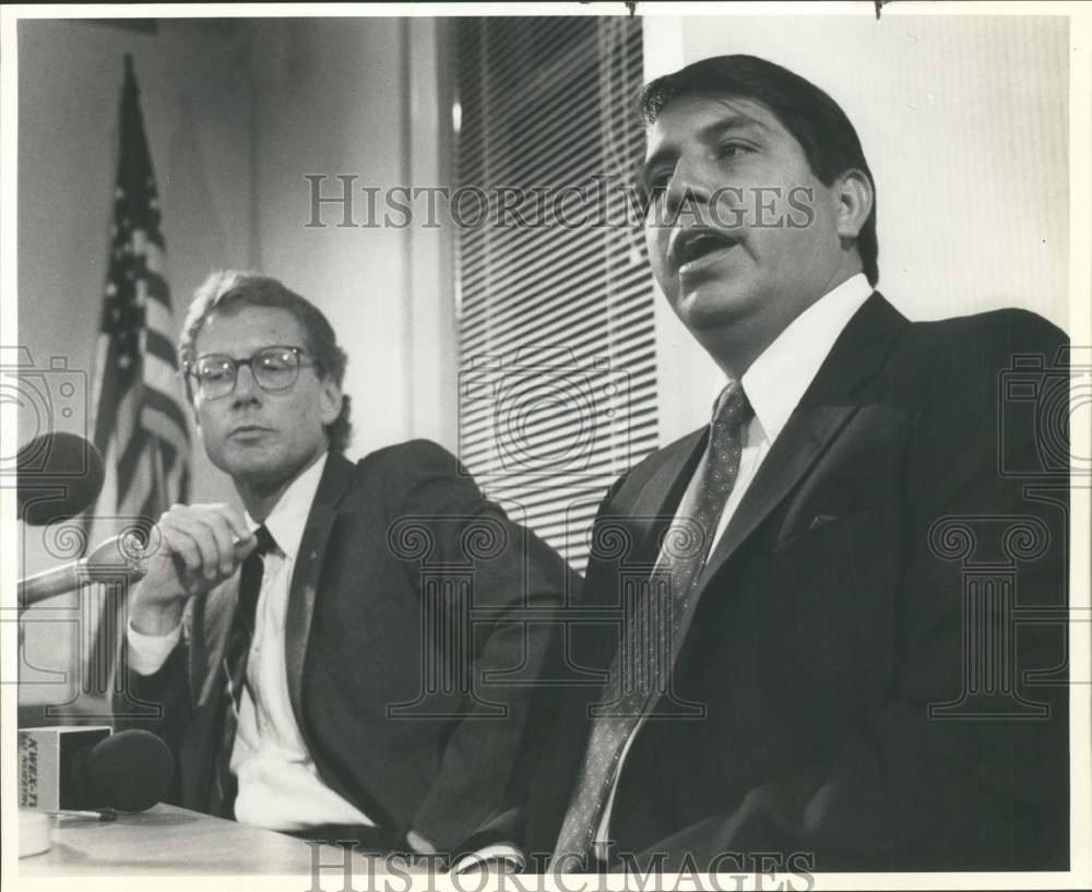 1988 Fire Chief Raul Losoya with Lou Fox at press conference, Texas-Historic Images