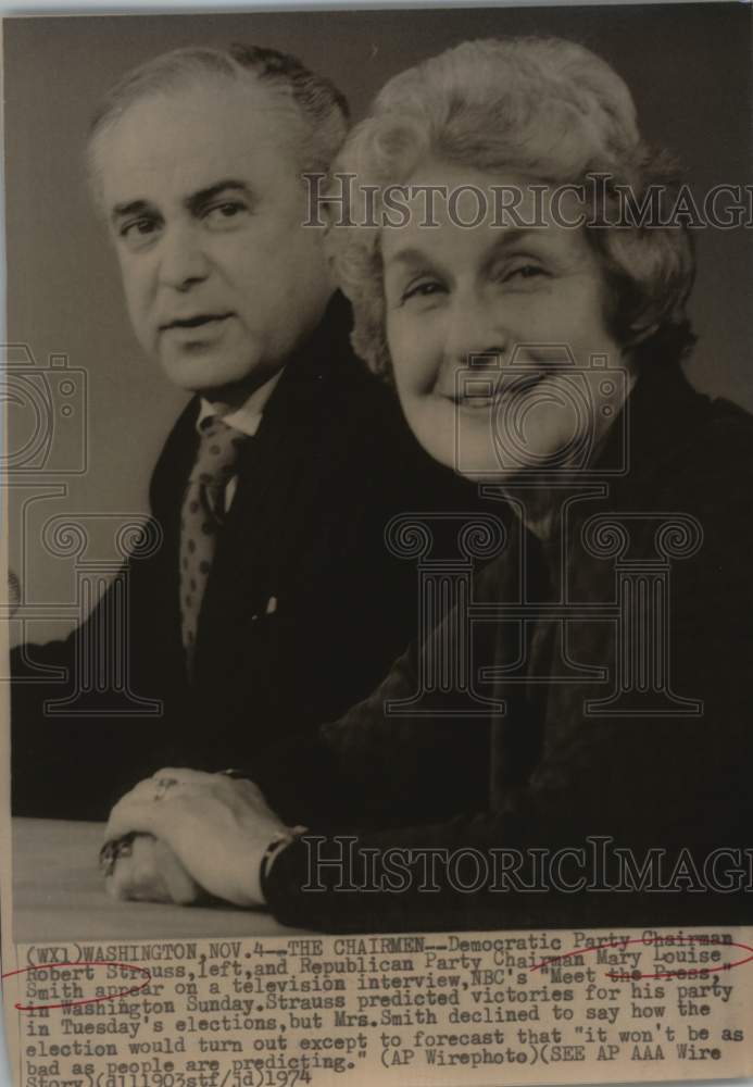 1974 Democrat Robert Strauss & Mary Louise Smith, Republican chairs-Historic Images