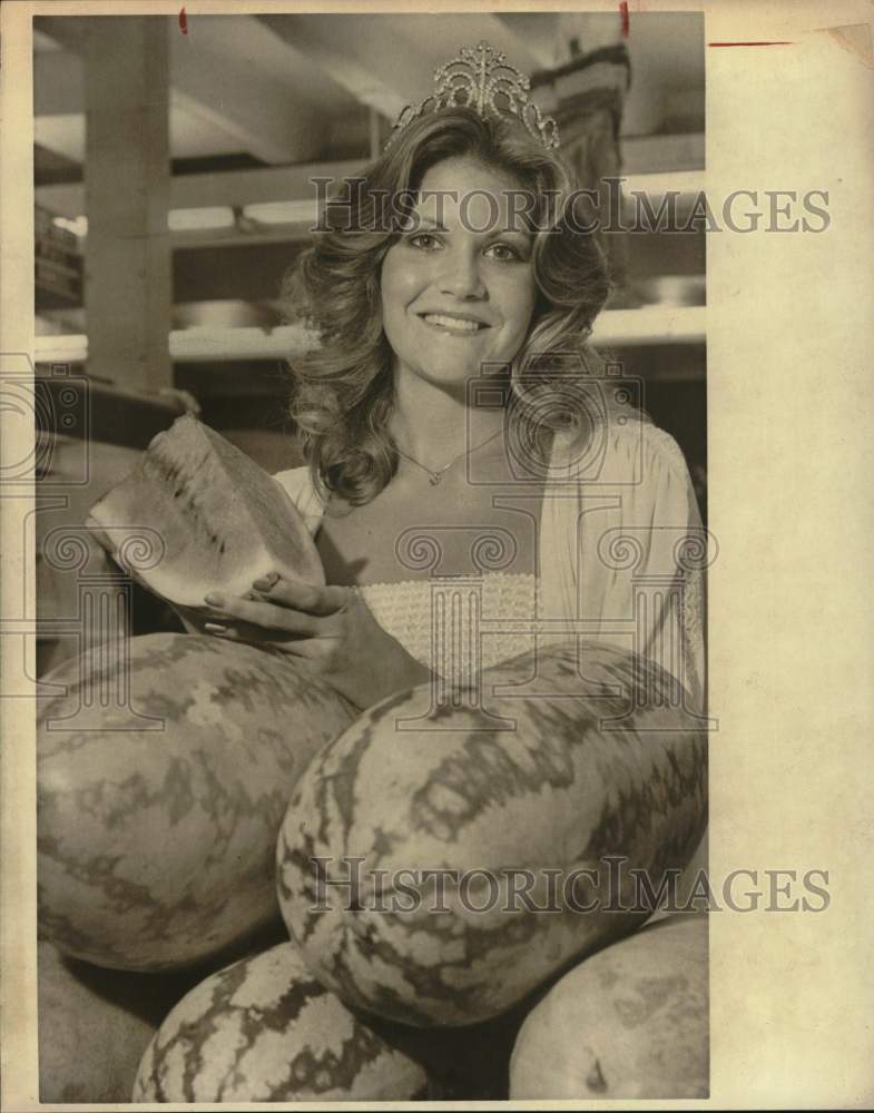 1979 Miss Fiesta alternate Rhae Nell Ahlstrom holding melon, Texas-Historic Images