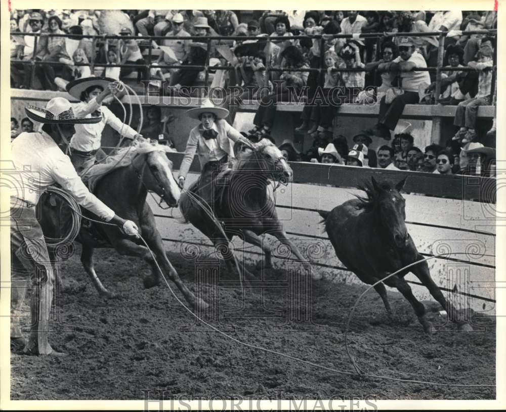 1980 Press Photo Riders roping a horse at San Antonio Charro, Texas - saa58153- Historic Images