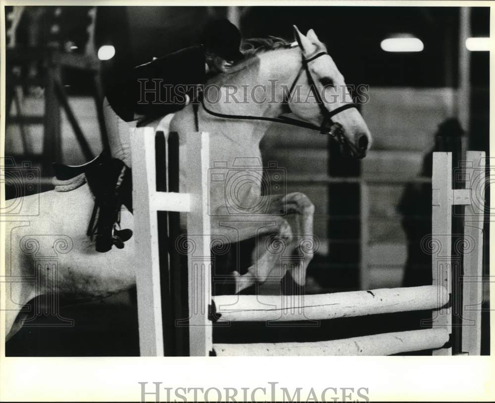 1986 Press Photo Gayle Gessner jumping hurdles San Antonio Rose Palace, Texas - Historic Images