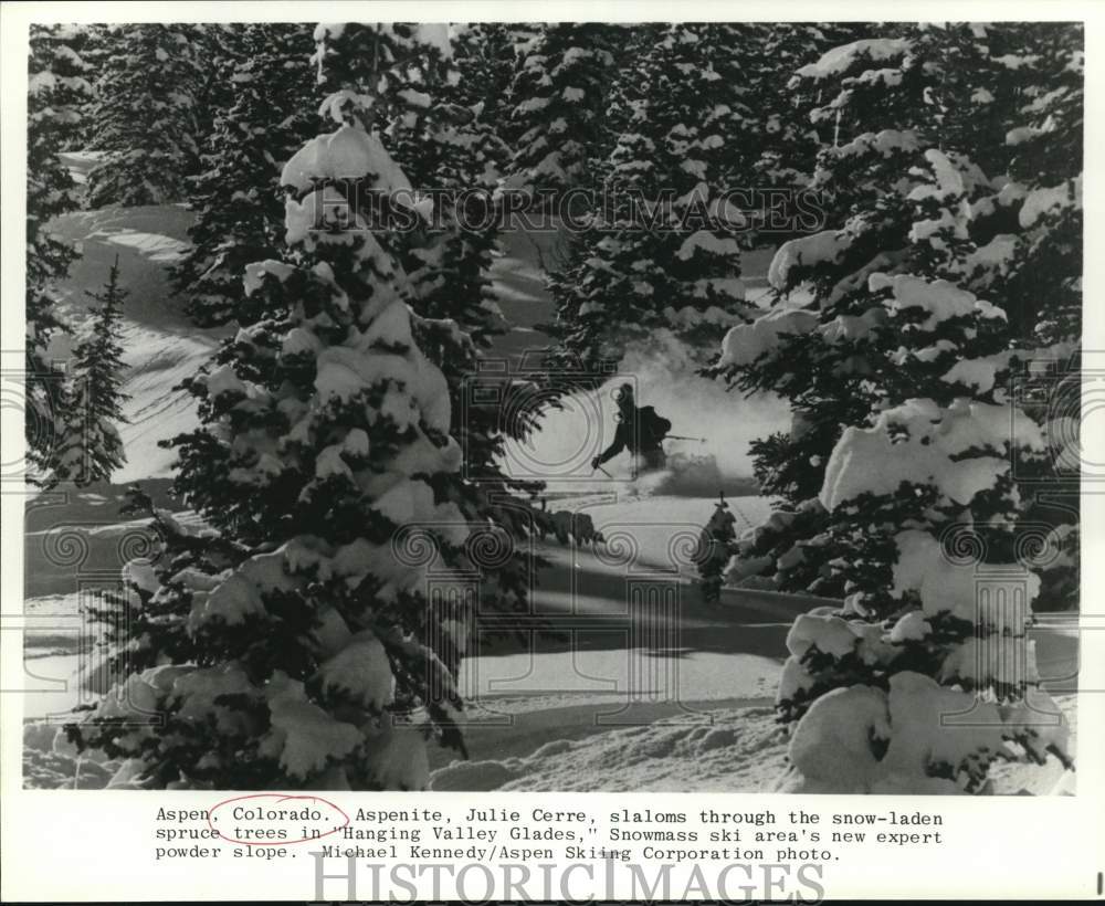 Press Photo Julie Cerre, slaloms through trees in Hanging Valley Glades, CO- Historic Images