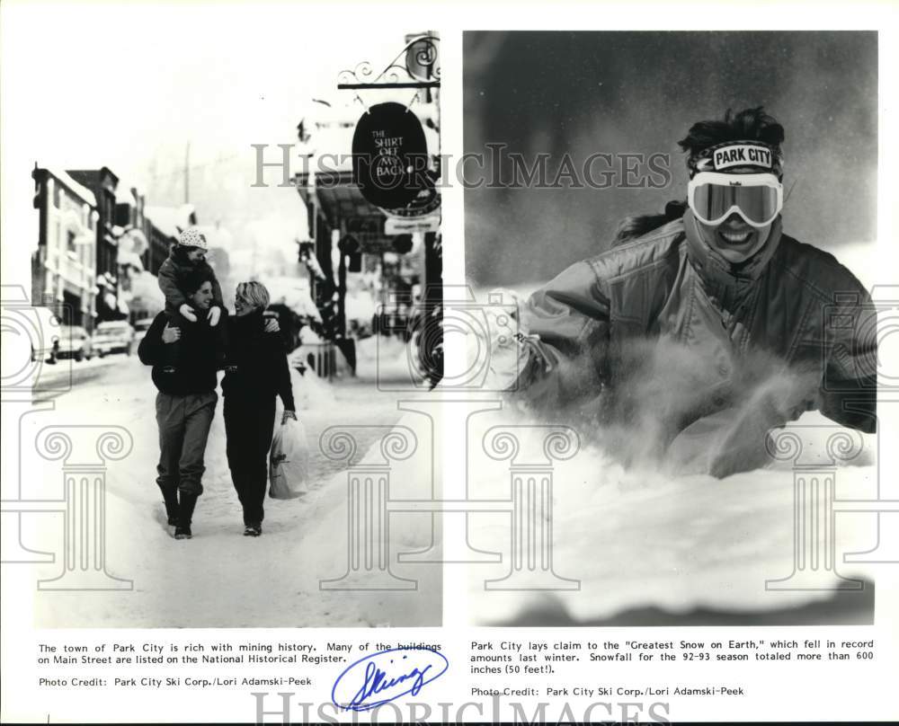 Press Photo Main street in Park City and skier coming down mountain, Utah - Historic Images