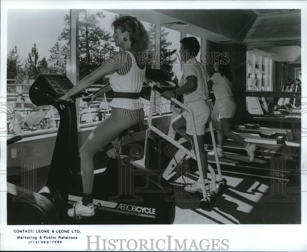 Press Photo Aerobicycle demonstrated by Allyson King at Harvey's Resort Hotel - Historic Images