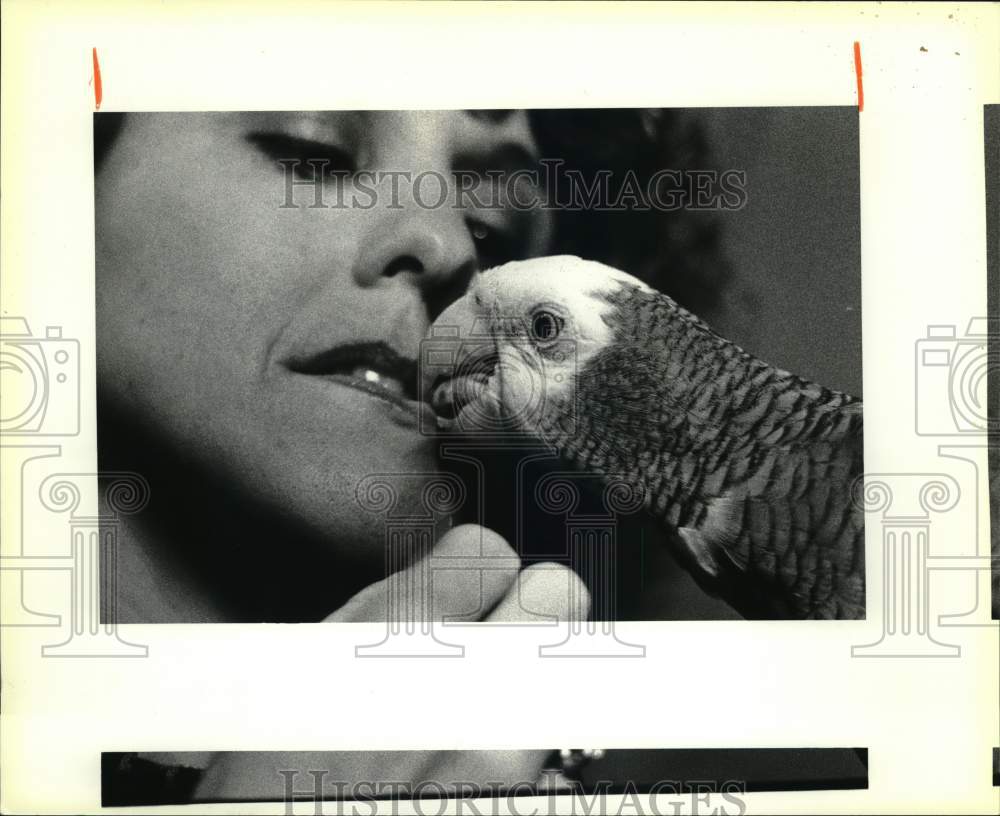 1986 Press Photo Bee Bee, a parrot, removes chips from lady&#39;s mouth, Texas - Historic Images