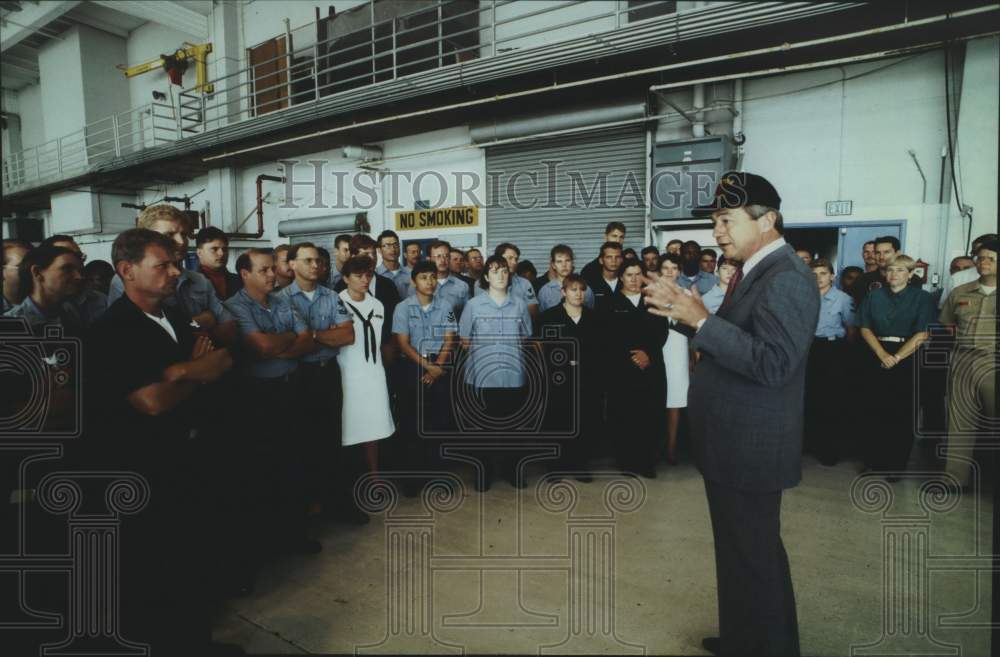 1994 Secretary of Navy John Dalton talking to crew aboard ship-Historic Images