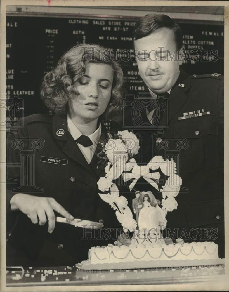 1975 Mrs. George Pouliot and Captain Arthur Heezen cut wedding cake.-Historic Images