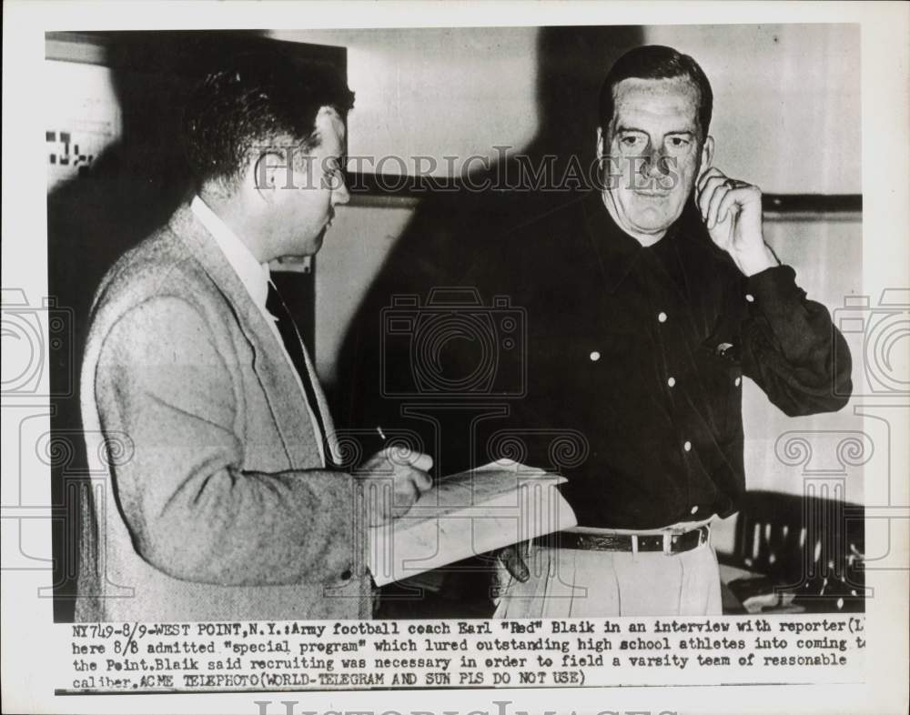 Press Photo Coach Earl &quot;Red&quot; Blaik discusses West Point recruiting program, NY - Historic Images