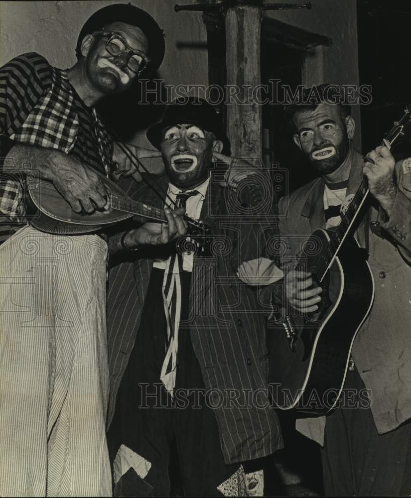 1965 Three Men dressed as Clown Hobos playing music, Iantier Frenzy - Historic Images
