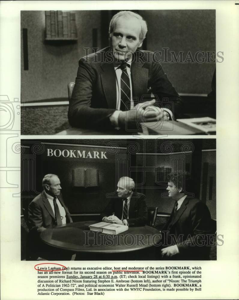 Press Photo Lewis Lapham, Stephen Ambrose &amp; Walter Mead on Bookmark, on PBS. - Historic Images