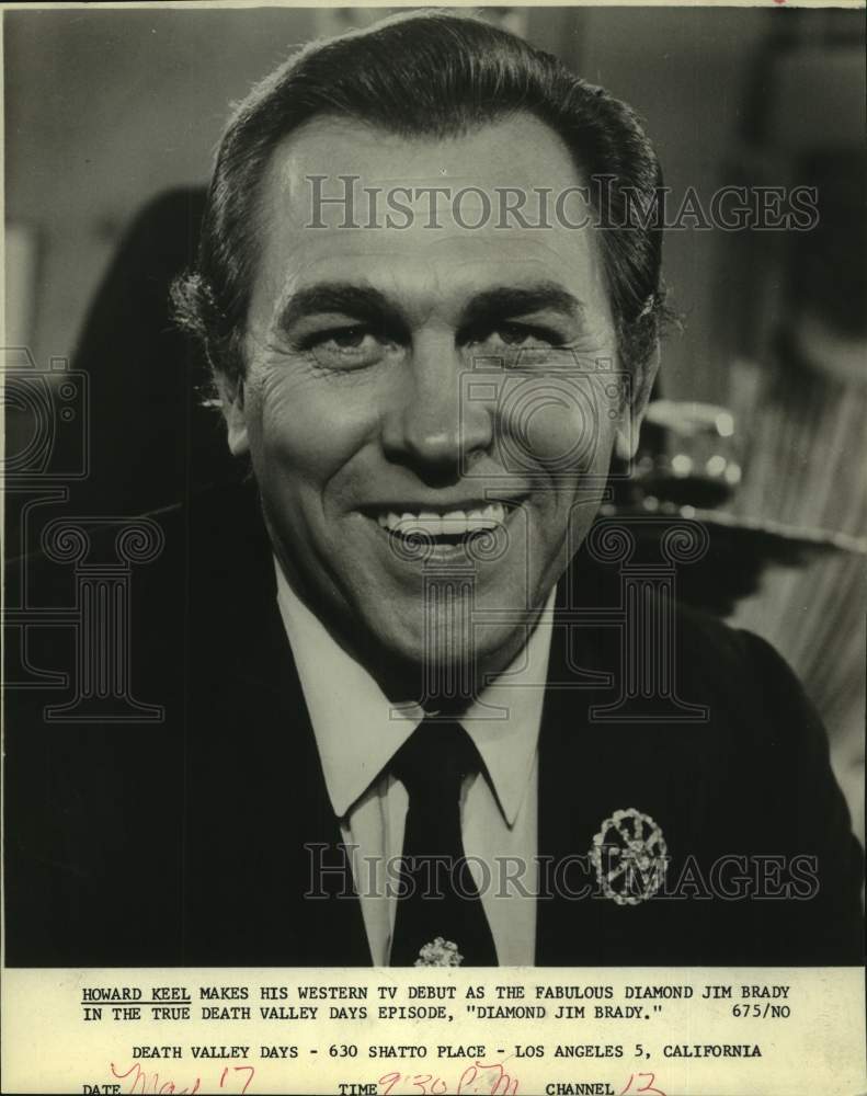 1963 Press Photo Actor Howard Keel, Diamond Jim Brady in True Death Valley Days - Historic Images