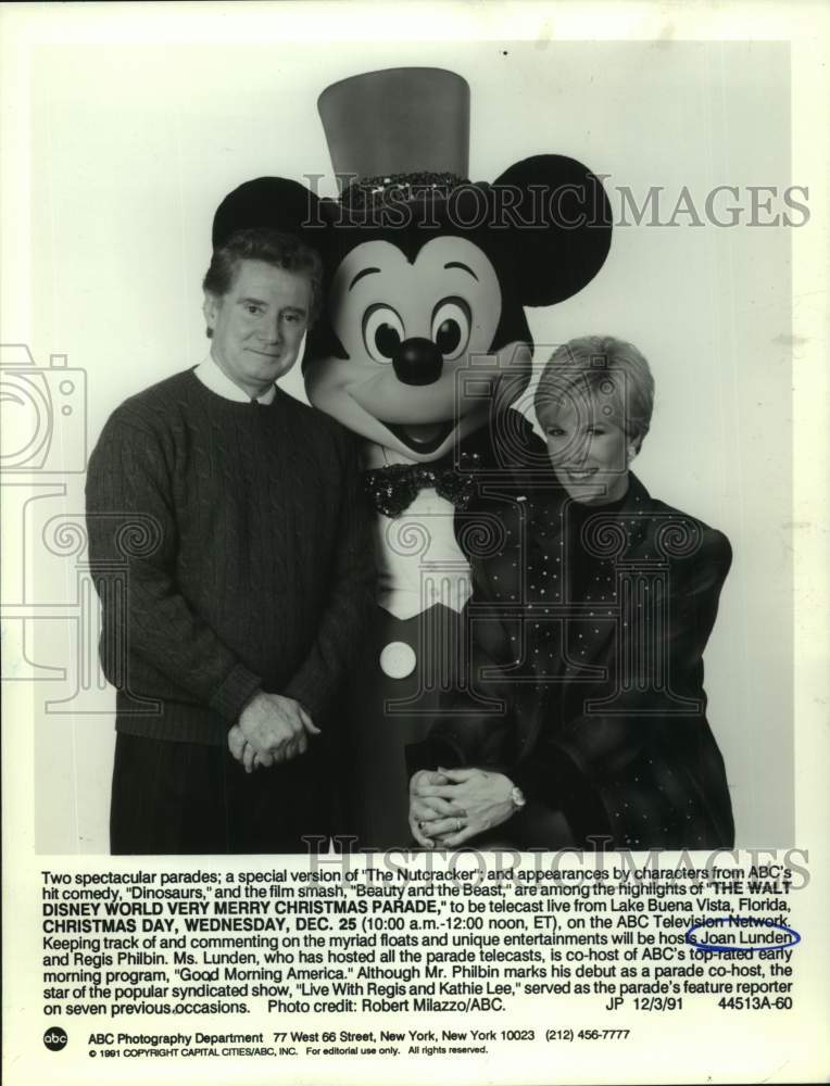 1991 Press Photo Hosts Regis Philbin and Joan Lunden with Mickey Mouse- Historic Images