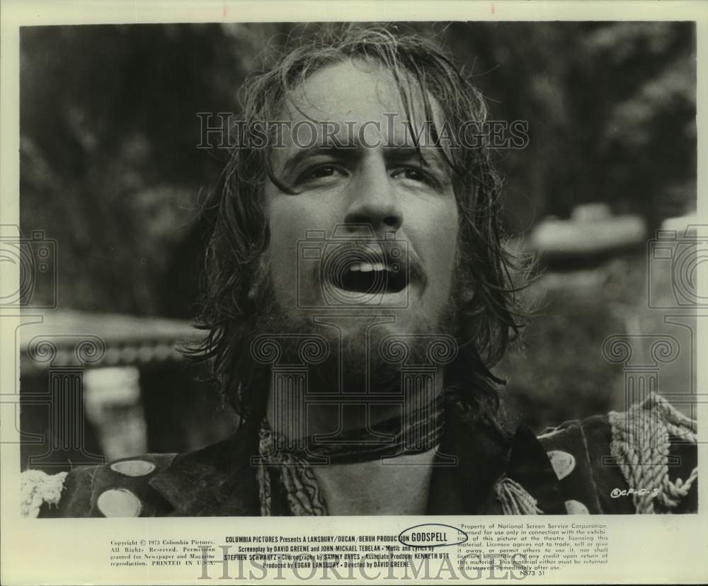 1973 Press Photo Closeup Portrait of bearded Actor in Godspell movie scene - Historic Images