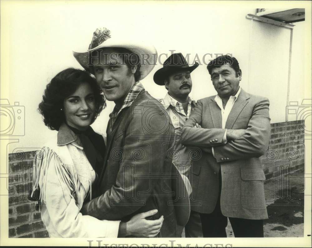 1981 Press Photo Actor Claude Akins with co-stars on "Keep On Buckin'" on NBC-TV- Historic Images