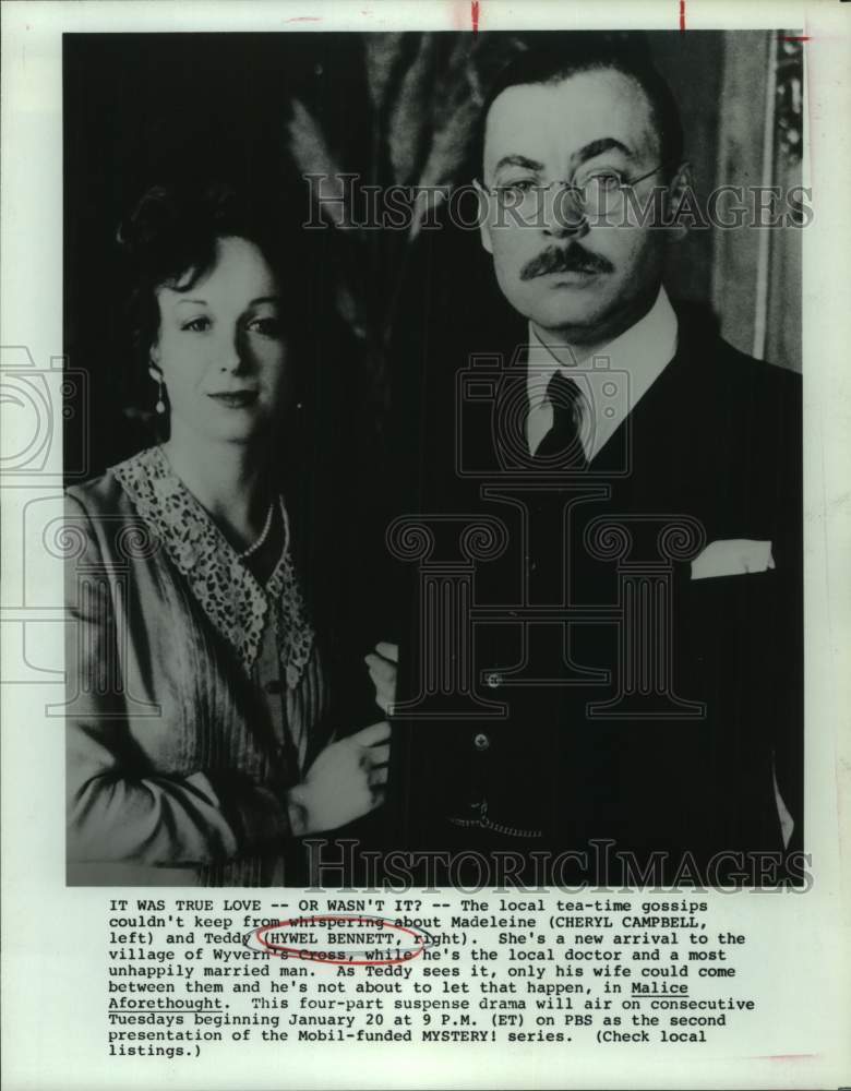 Press Photo Actors Cheryl Campbell, Hywel Bennett in &quot;Malice Aforethought&quot; scene - Historic Images