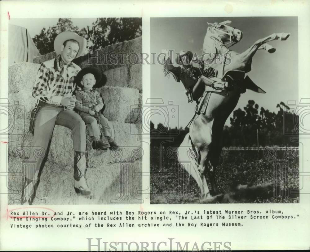 Press Photo Rex Allen Sr and Jr. and Roy Rogers in &quot;The Singing Cowboy&quot; scenes - Historic Images