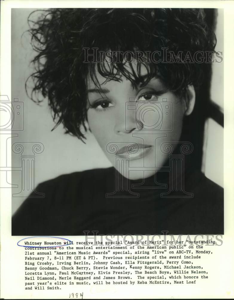 1994 Press Photo Whitney Houston, Singer in closeup - sap12492- Historic Images