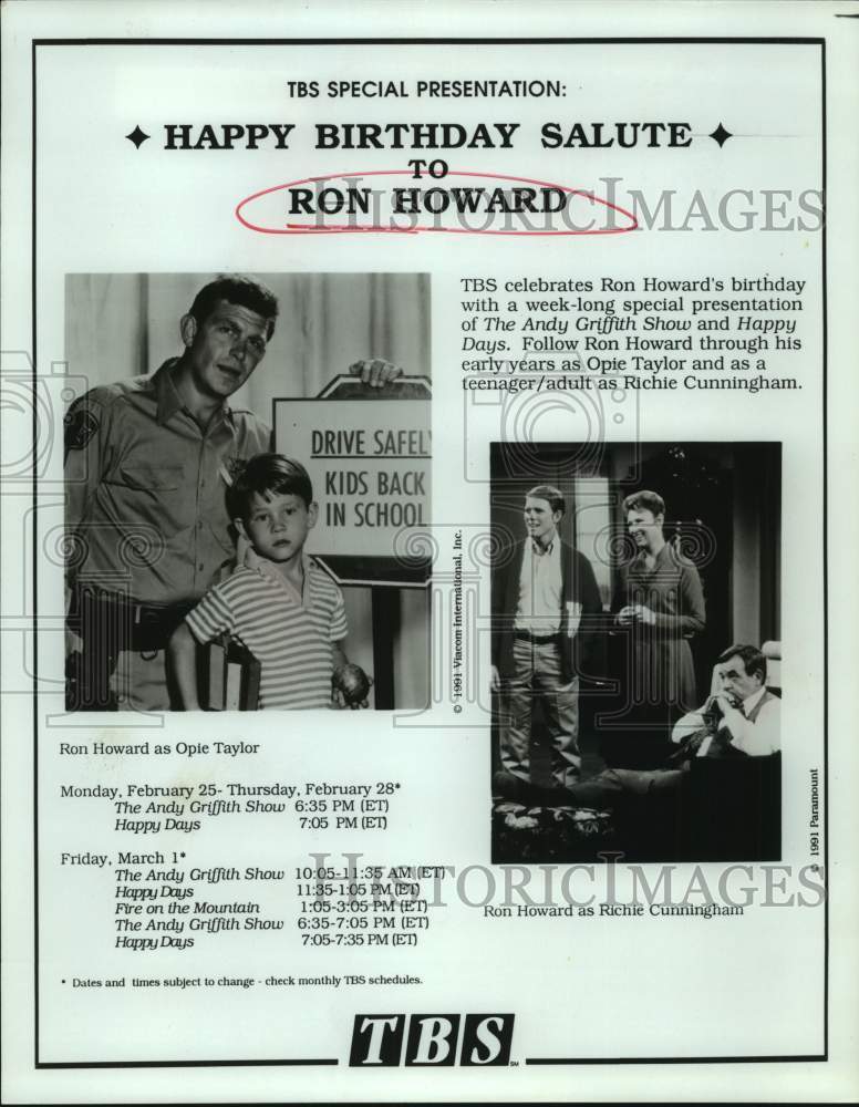 1991 Press Photo Actor Ron Howard as Opie Taylor and Richie Cunningham on TBS- Historic Images