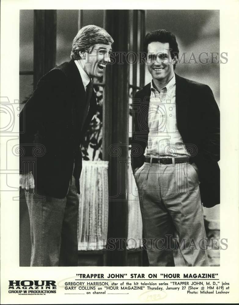 Press Photo Actor Gregory Harrison with Host Gary Collins on &quot;Hour Magazine&quot; - Historic Images