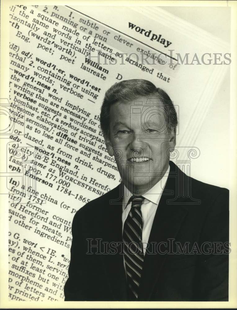 1986 Press Photo Veteran game-show personality Tom Kennedy on &quot;WordPlay&quot; on NBC- Historic Images