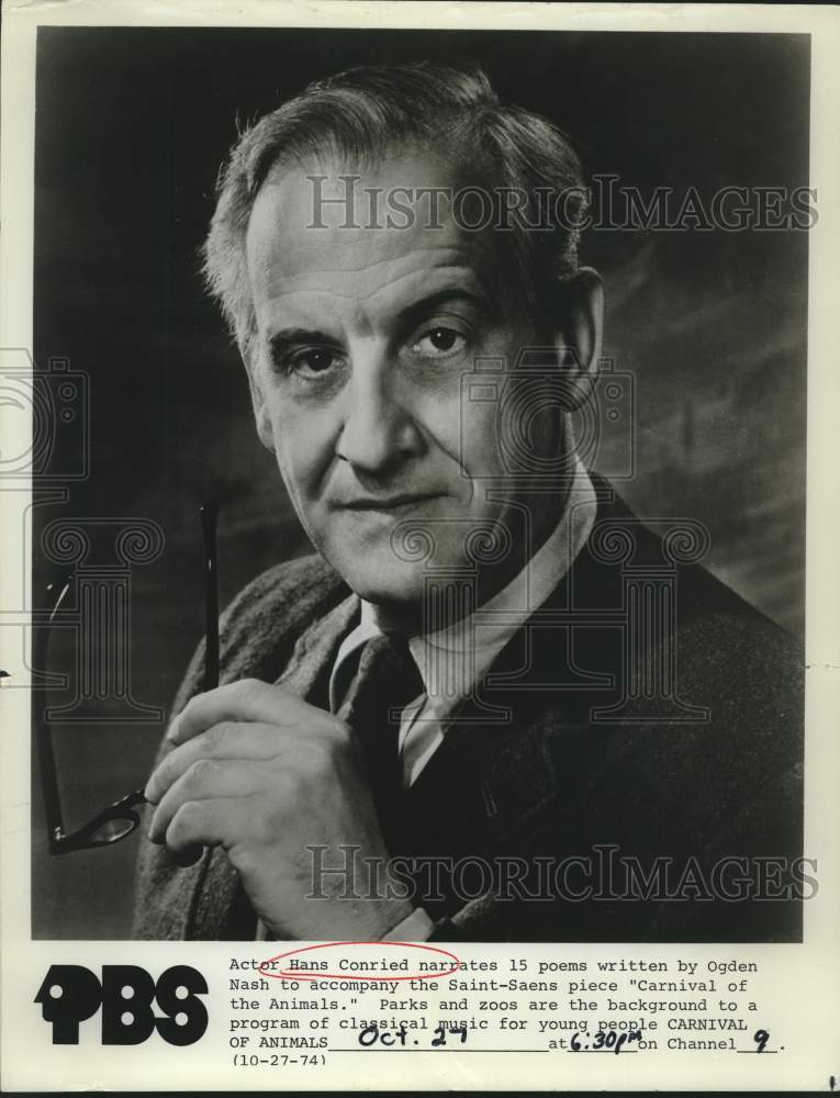 1974 Press Photo Hans Conried  narrates poems on Carnival of Animals, on PBS. - Historic Images