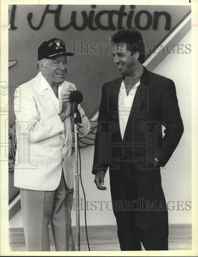 1986 Press Photo Actor Don Johnson with Bob Hope on Television Birthday Special- Historic Images