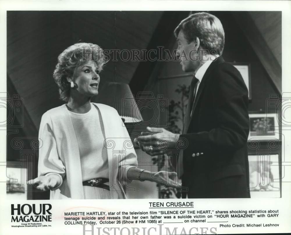 1985 Press Photo Actress Mariette Hartley, Host Gary Collins on Hour Magazine- Historic Images