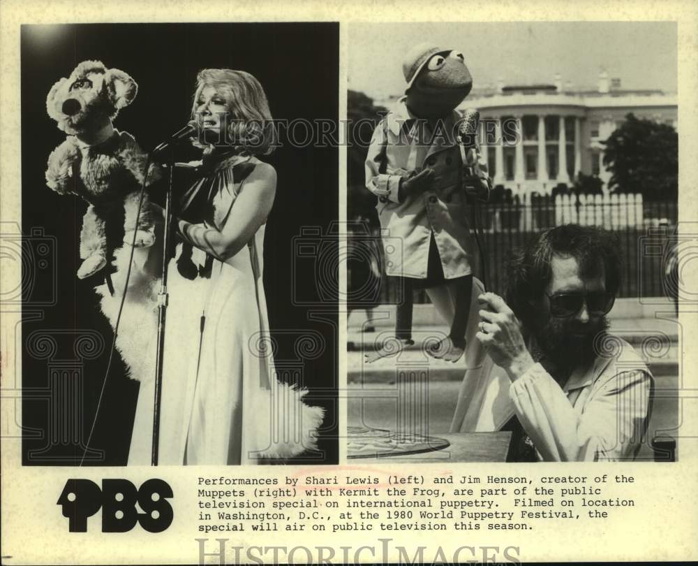 1980 Press Photo Puppeteers Shari Lewis and Jim Henson with Kermit the Frog- Historic Images