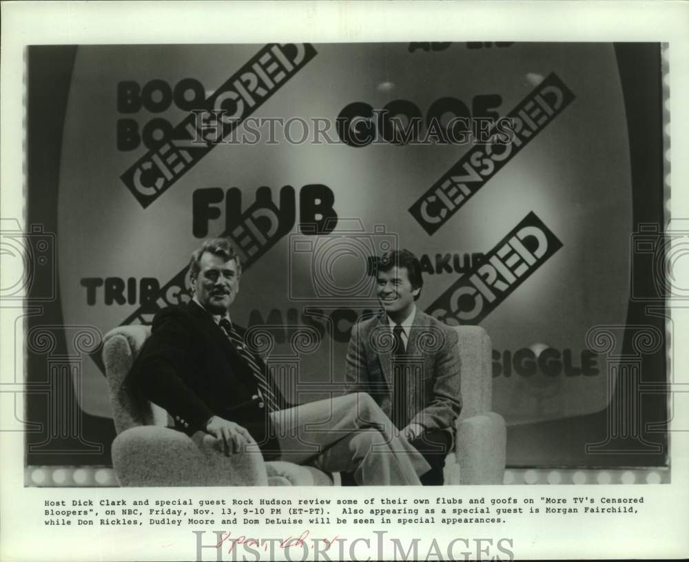 Press Photo Host Dick Clark with Rock Hudson on More TV&#39;s Censored Bloopers Show - Historic Images