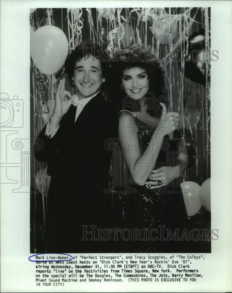 1987 Press Photo Actors Mark Linn-Baker, Tracy Scoggins on New Year's Eve Show- Historic Images