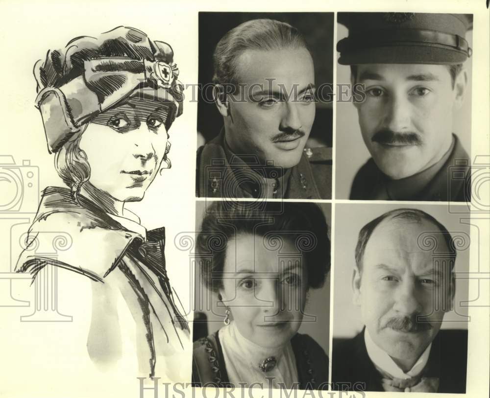Artist Dan Frazier in composite with closeups of Actors with sketch - Historic Images