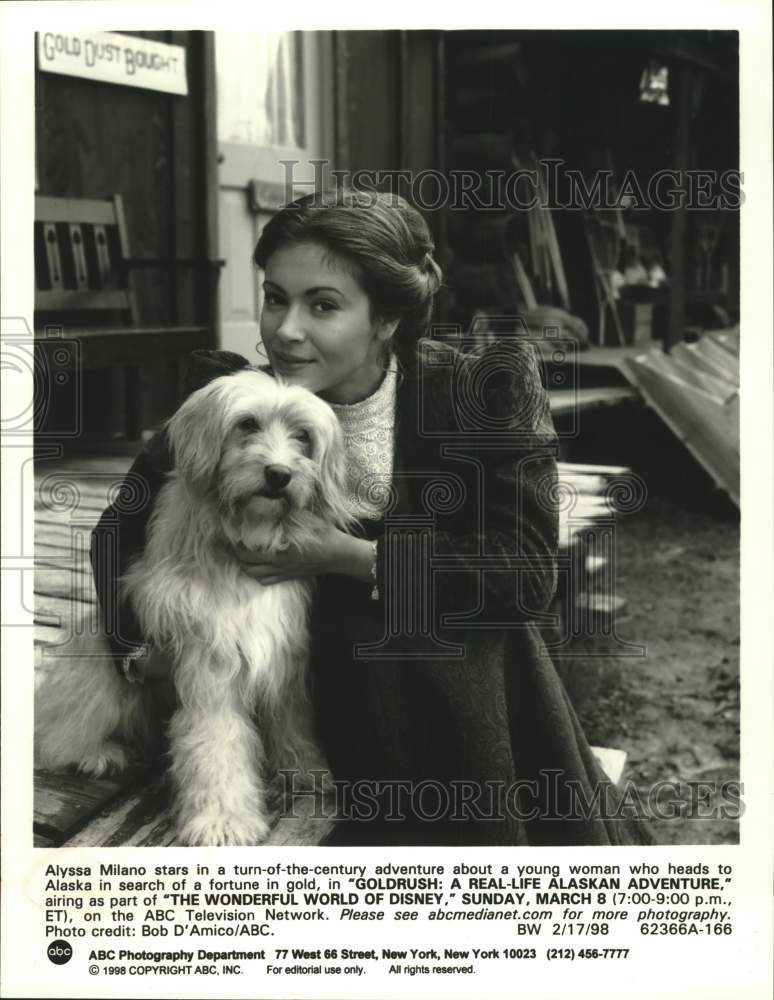 1998 Press Photo Actress Alyssa Milano &quot;Goldrush: A Real-life Alaskan Adventure&quot; - Historic Images