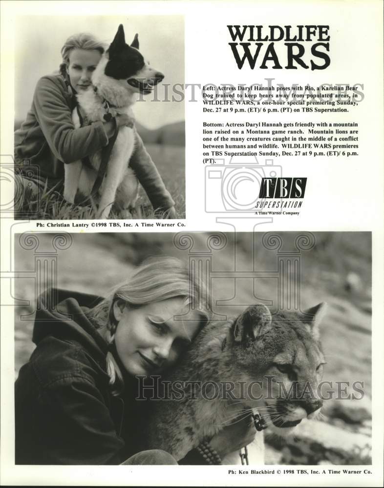 1998 Actress Daryl Hannah with dog, mountain lion on &quot;Wildlife Wars&quot; - Historic Images