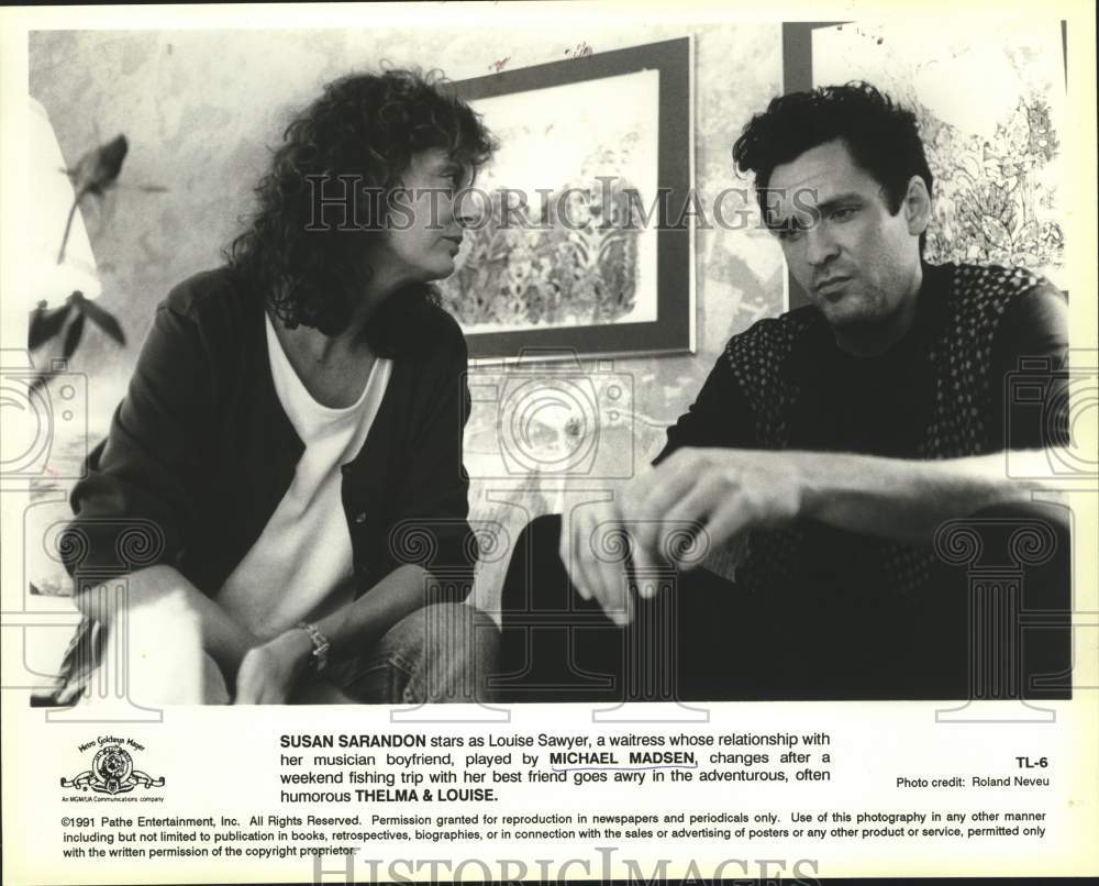 1991 Actors Susan Sarandon, Michael Madsen in &quot;Thelma &amp; Louise&quot; - Historic Images