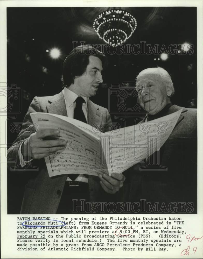 Press Photo Conductors Riccardo Muti and Eugene Ormandy, Philadelphia Orchestra - Historic Images