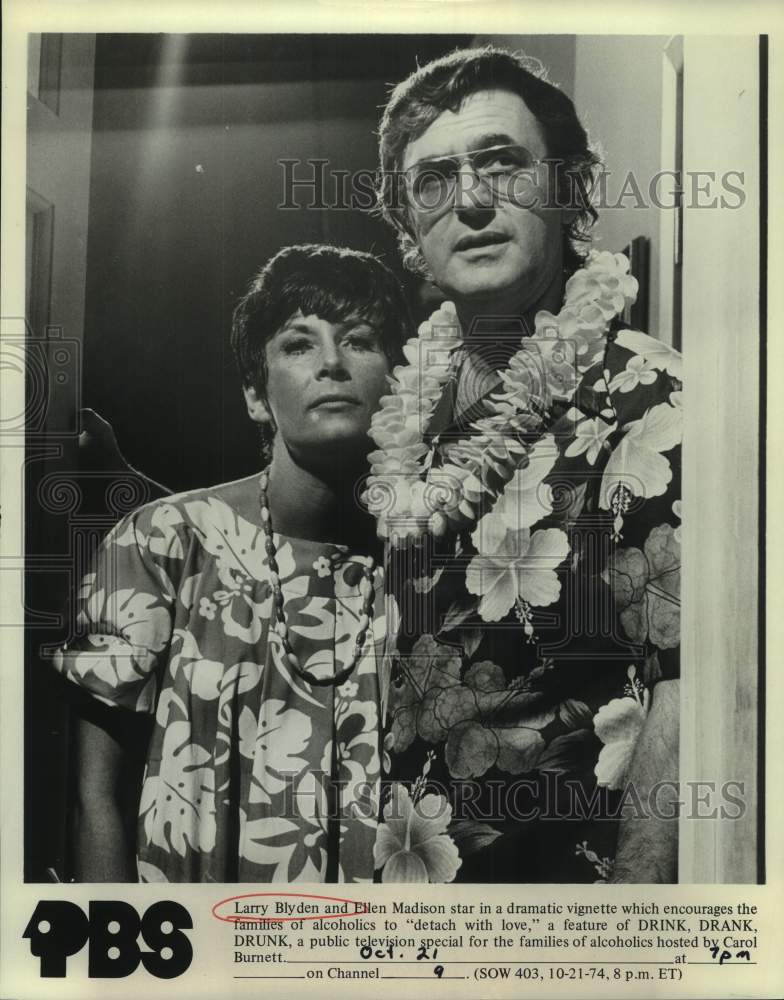 1974 Press Photo Larry Blyden and Ellen Madison in &quot;Drink, Drank, Drunk&quot; on PBS - Historic Images