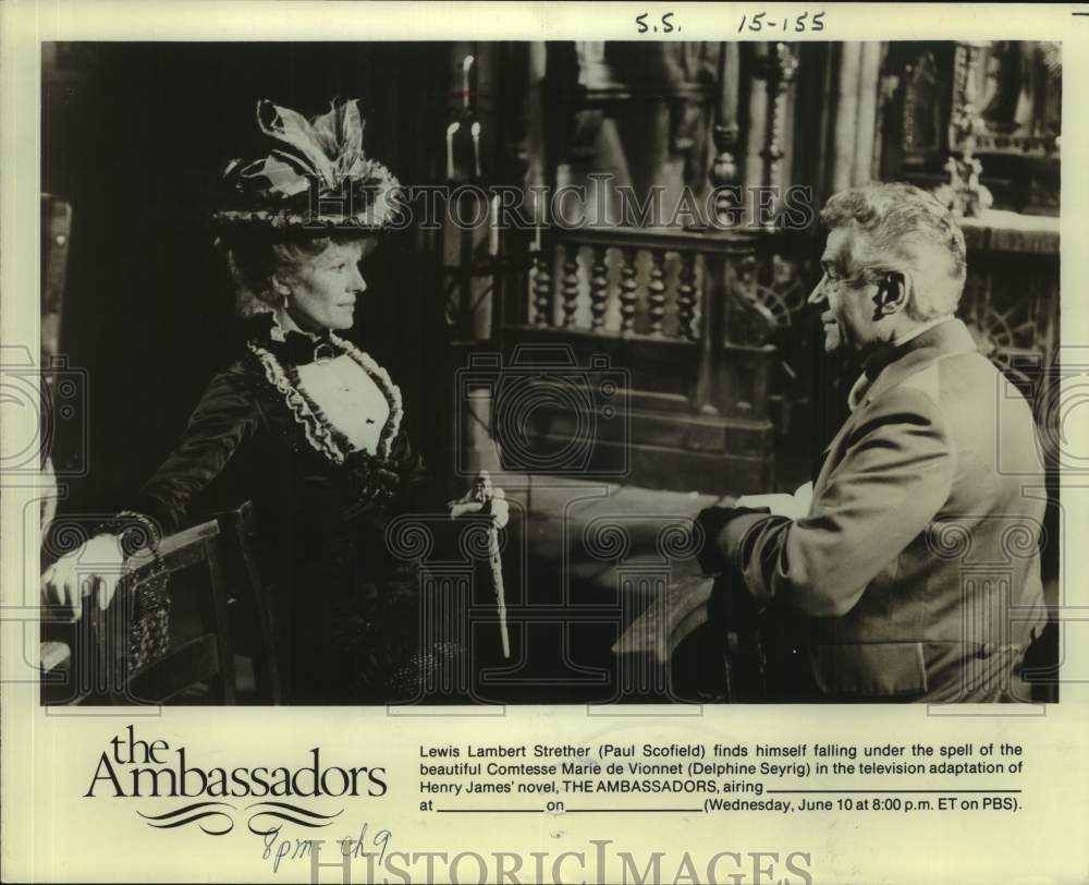 Press Photo Actors Delphine Seyrig, Paul Scofield in &quot;The Ambassadors&quot; on PBS-TV - Historic Images