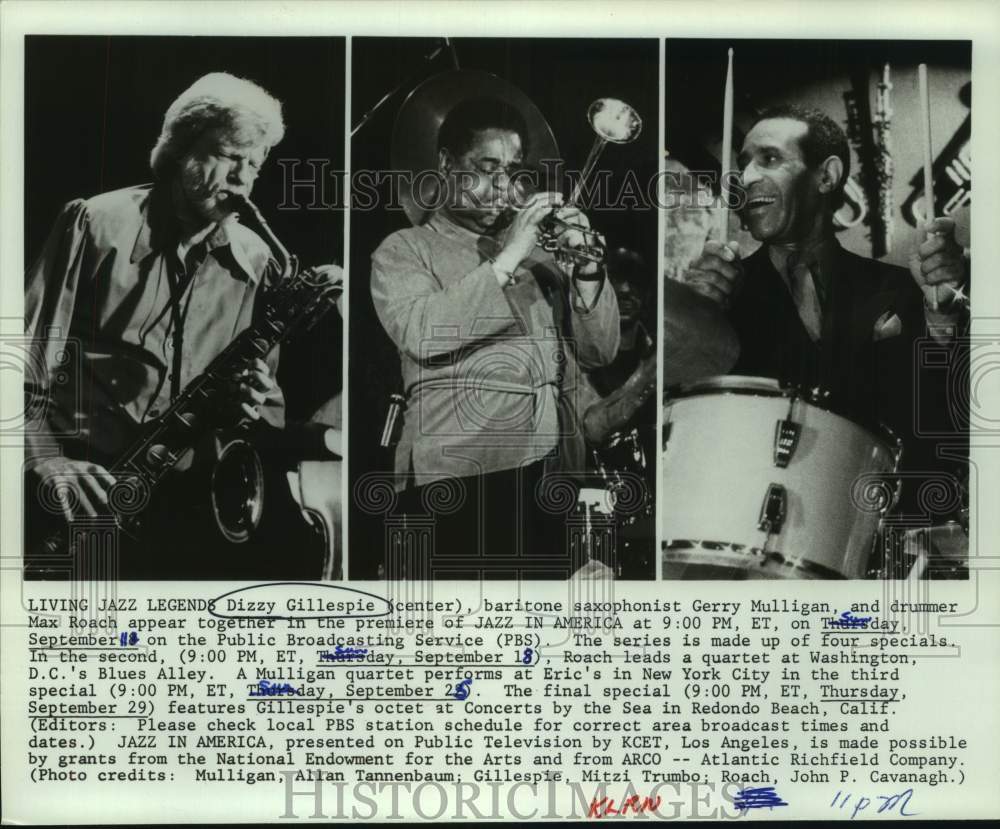 Press Photo Dizzy Gillespie, Gerry Mulligan, Max Roach in &quot;Jazz in America&quot; Show - Historic Images