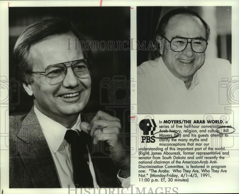 1991 Press Photo Bill Moyers hosts guests for &quot;The Arab World&quot; Series - Historic Images